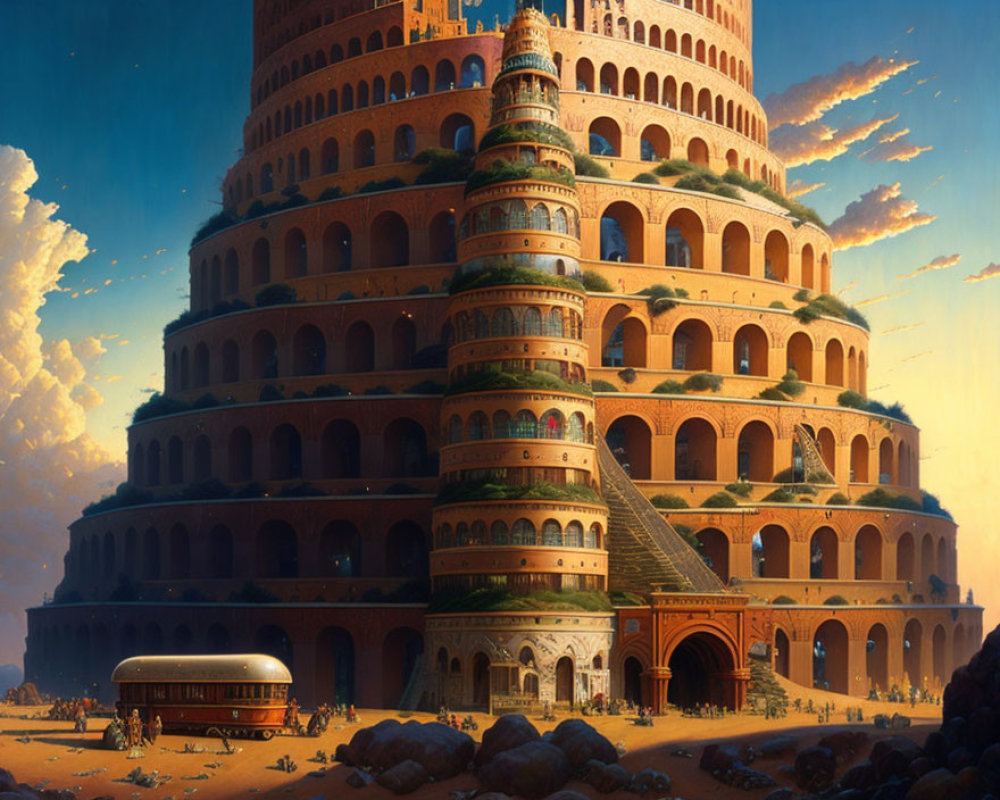 Circular stepped building with arches in desert sunset glow