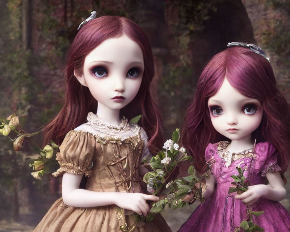 Intricately Designed Dolls with Expressive Eyes in Fairytale Setting