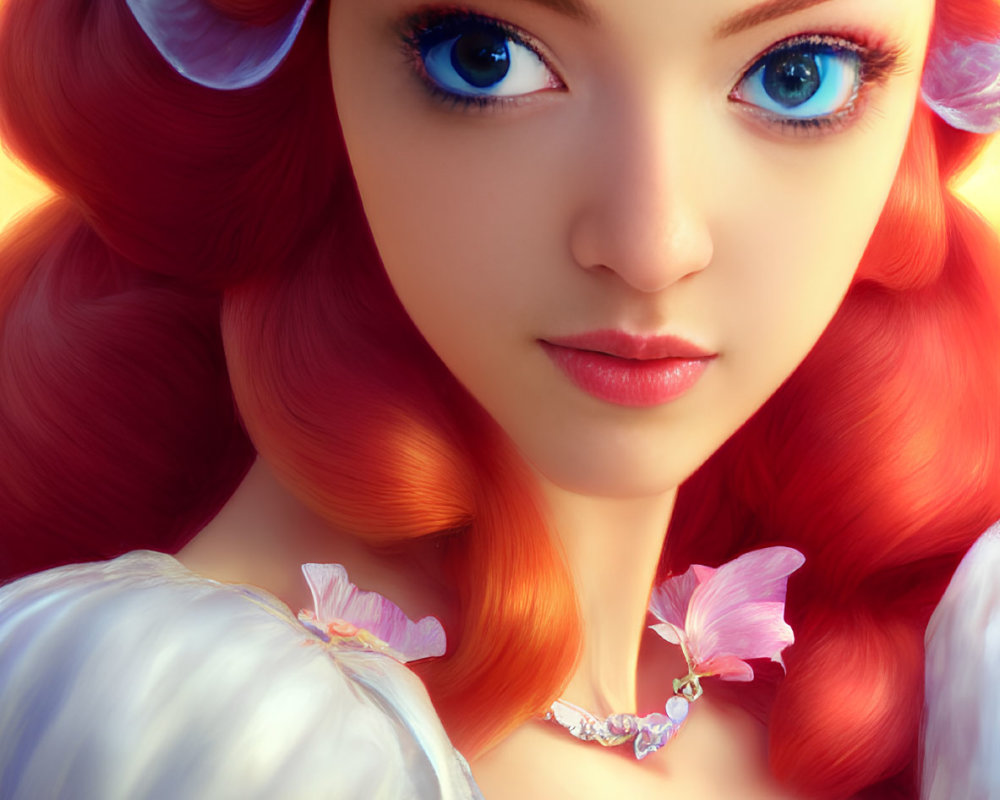 Digital Artwork: Woman with Red Hair, Blue Eyes, Diadem, Flowers, Butterflies