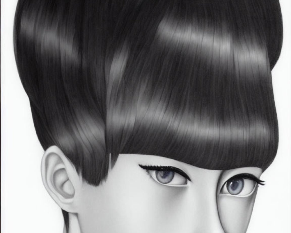 Monochrome stylized drawing of person with voluminous hair and striking eyelashes