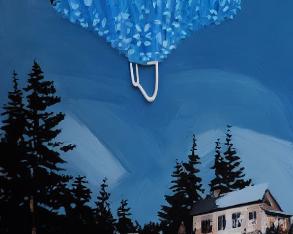 Giant zipper opens sky with blue crystals over landscape.