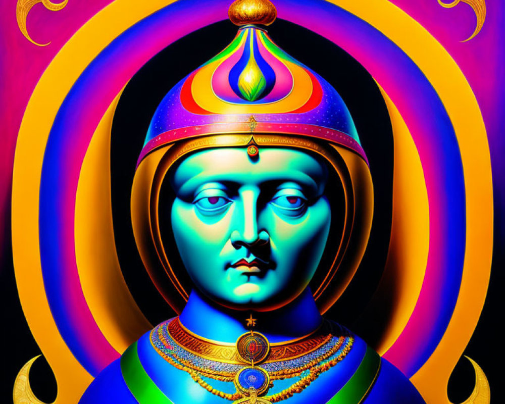 Colorful Stylized Figure with Elaborate Headgear on Psychedelic Background