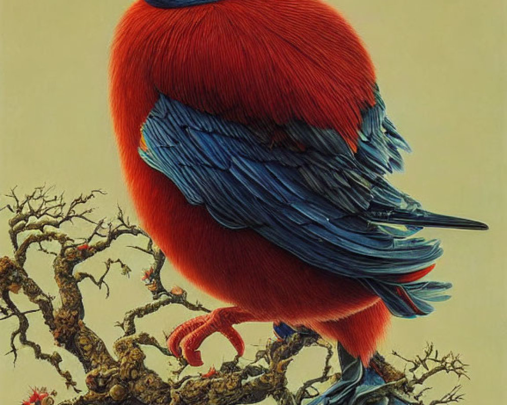 Colorful Bird Illustration with Red Body, Blue Wings, and White Face on Twisted Branch