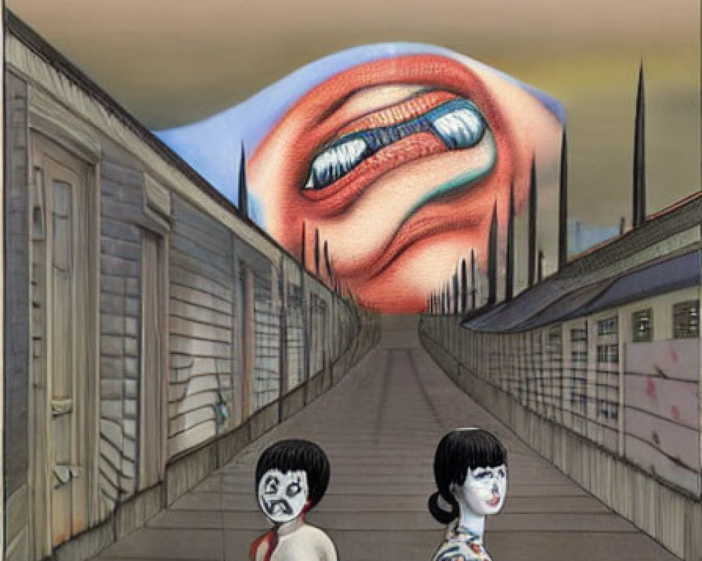 Surreal artwork: Mime-faced figures in alley with floating mouth and pill