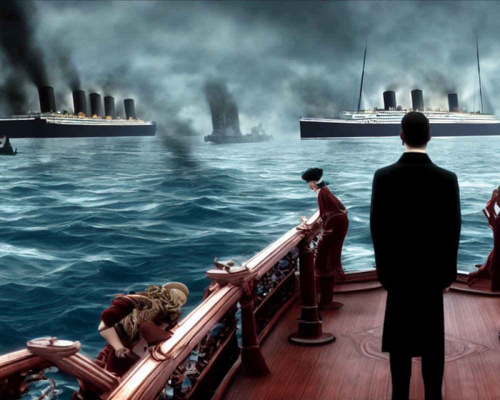 Three people on ship deck watching two large ships at sea with dark smoke under moody blue sky