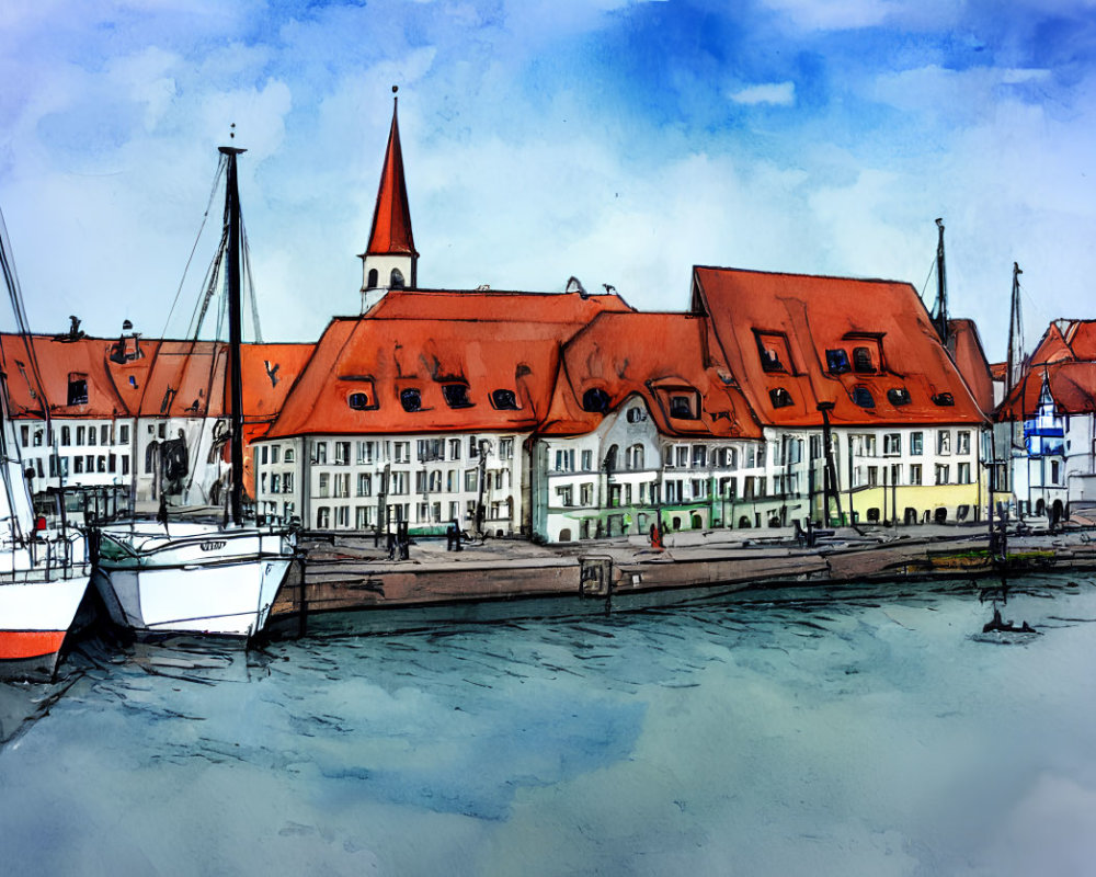 Harbor scene watercolor illustration with boats and buildings