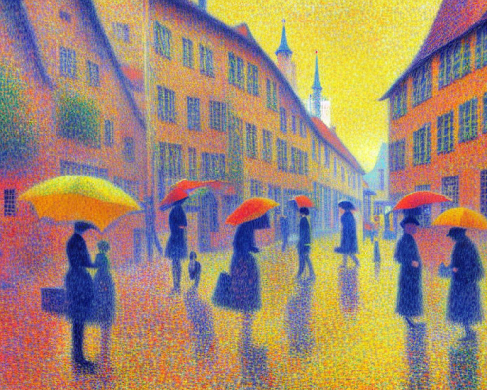 Impressionistic painting: People with colorful umbrellas on rainy street