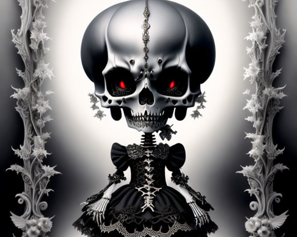 Gothic character with skull head, red eyes, and black dress between white pillars