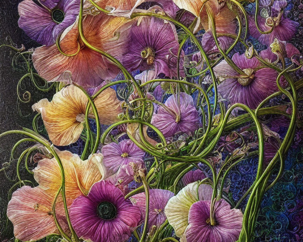 Colorful painting of swirling vines and flowers on dark background