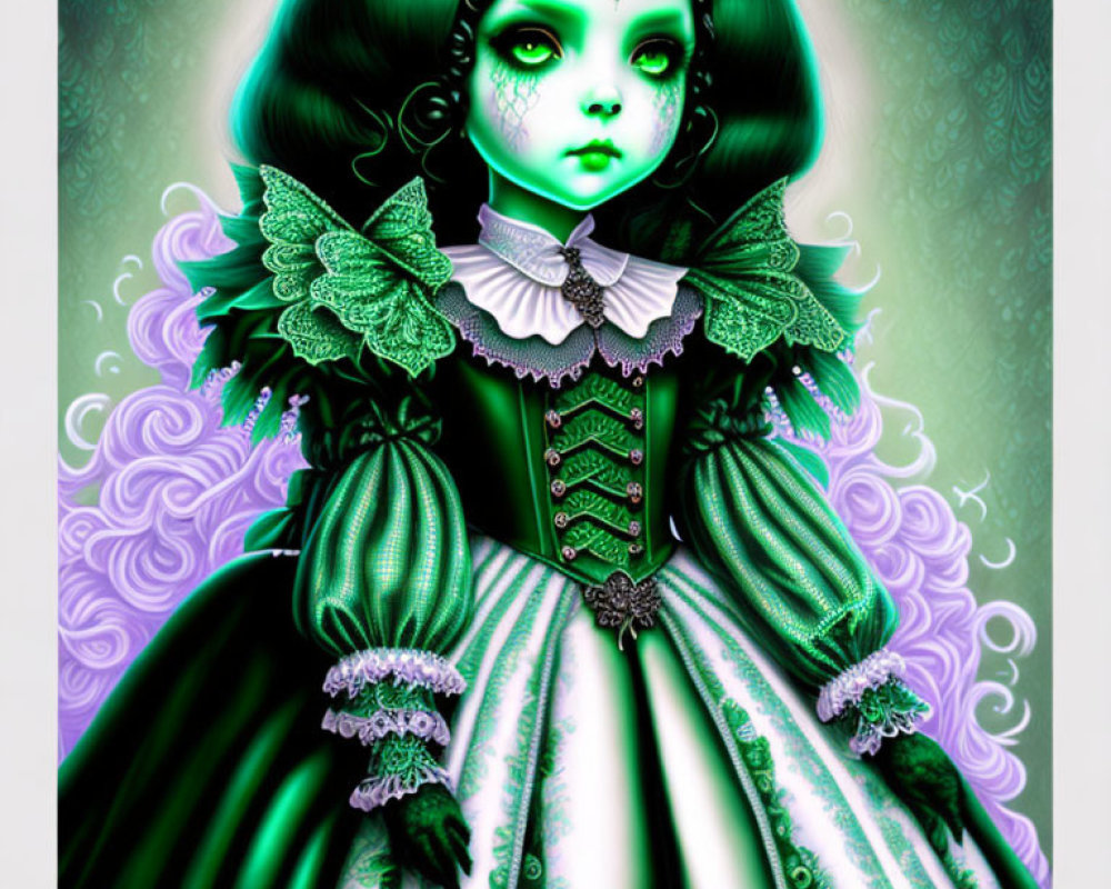 Gothic-style illustrated character with green skin in Victorian dress