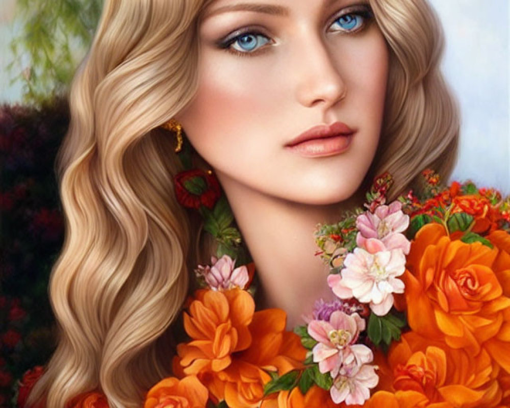 Blonde Woman Digital Portrait with Blue Eyes and Floral Roses