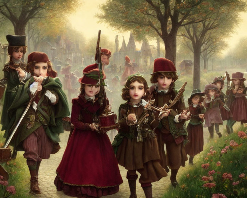 Traditional European-style clothing parade with children playing instruments on flower-lined path