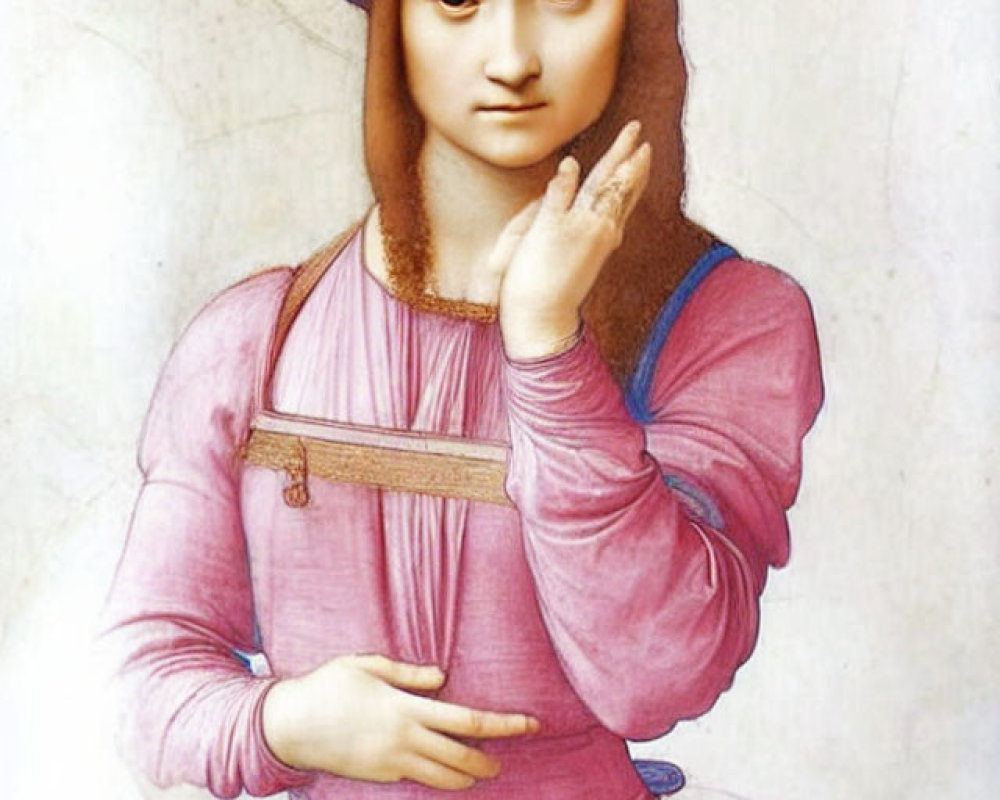 Portrait of Woman in Pink and Red Dress with Headscarf and Graceful Hand Gesture