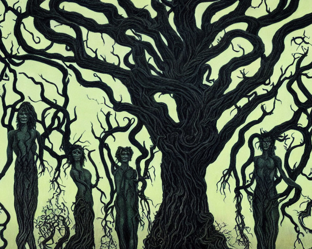 Detailed artwork: Twisted tree with human-like figures on green background