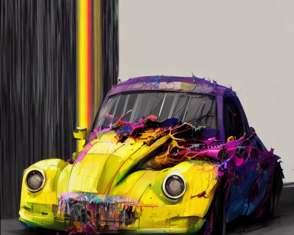 Colorful Abstract Painting of Classic Car with Vibrant Splashes on Grey Background