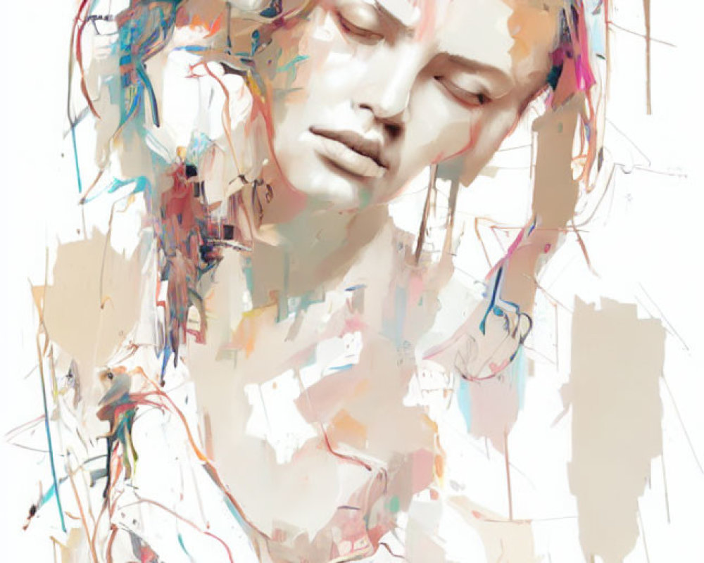 Abstract painting of tranquil face with dynamic brushstrokes