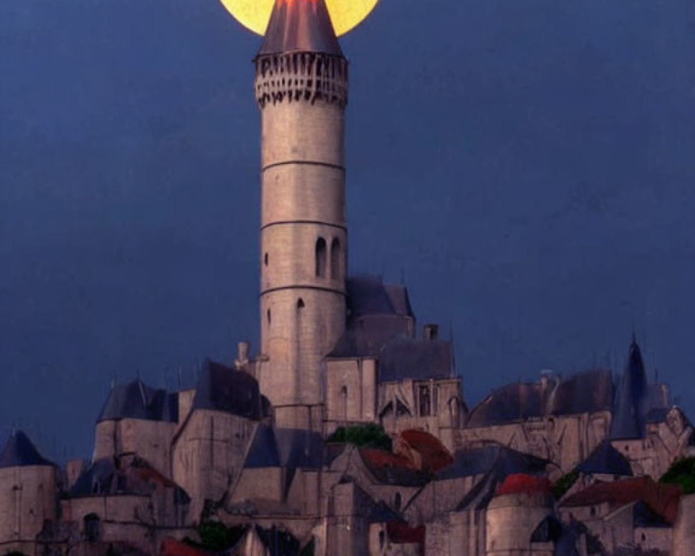 Full Moon Over Ancient Stone Tower in Medieval Town at Twilight