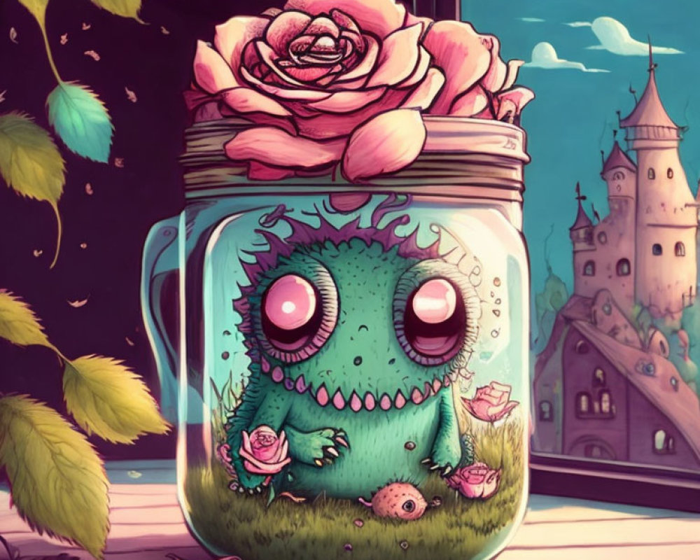 Green monster in clear jar with pink roses, castle view at twilight