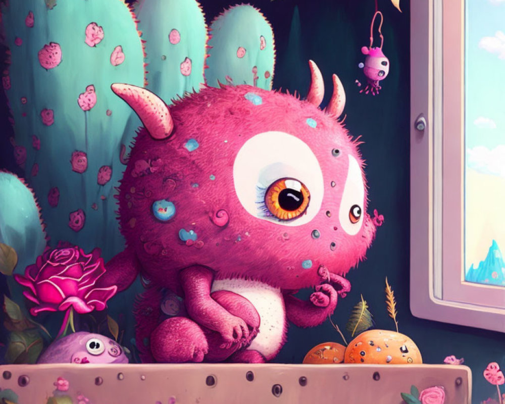 Colorful one-eyed monster surrounded by plants in whimsical illustration