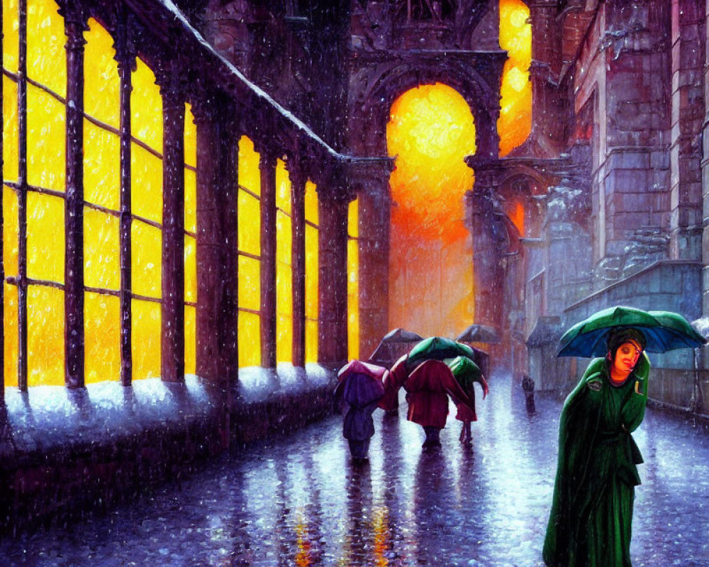 Rainy Evening Scene: People with Umbrellas by Glowing Building