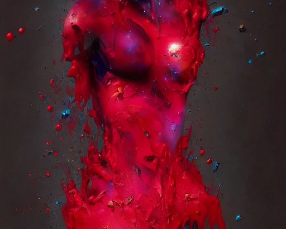 Vibrant red and blue body paint merge in abstract art.