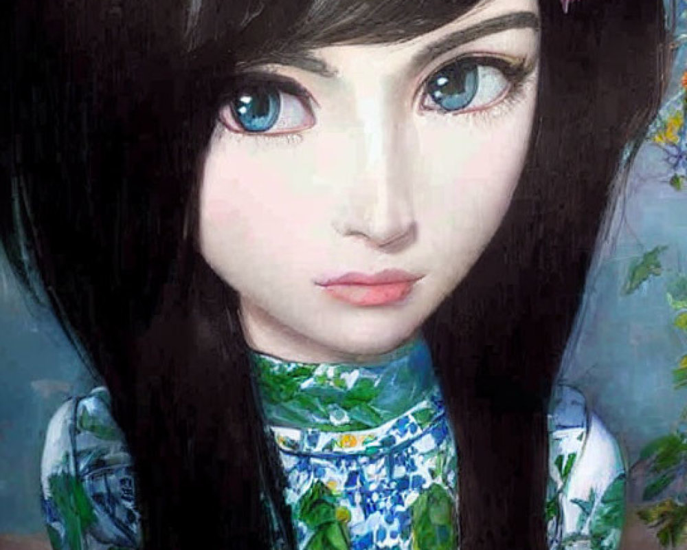 Detailed Illustration: Girl with Large Blue Eyes, Black Hair, Pink Flower, and Traditional Green Out