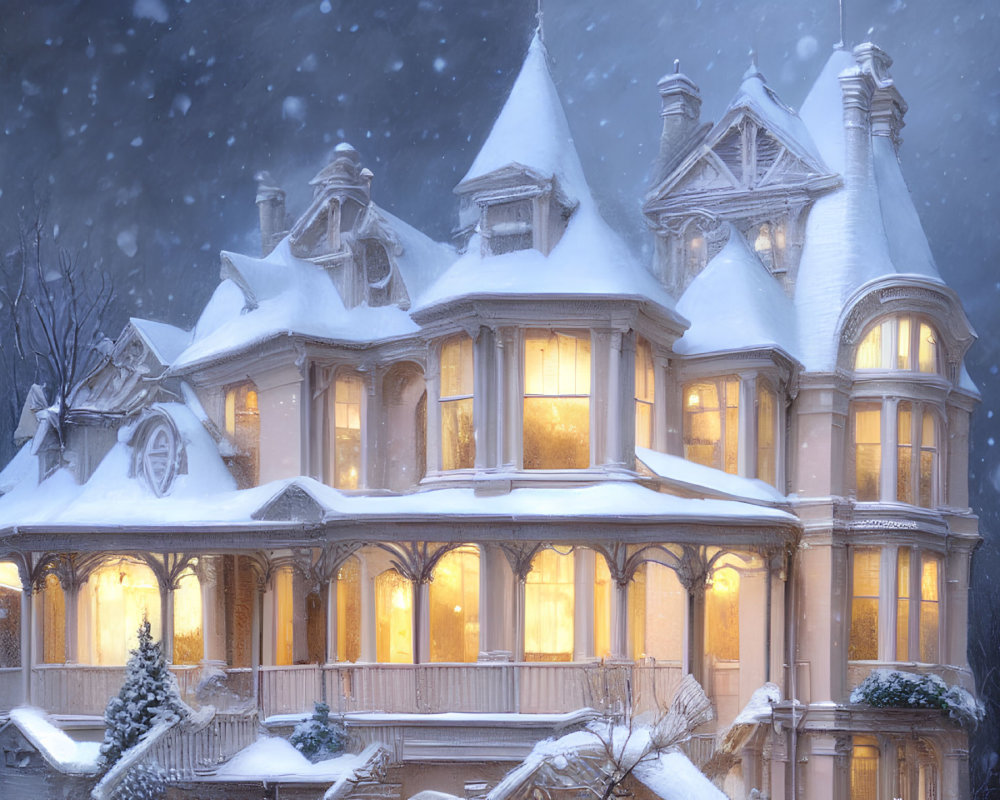 Victorian-style house in heavy snowfall under twilight sky