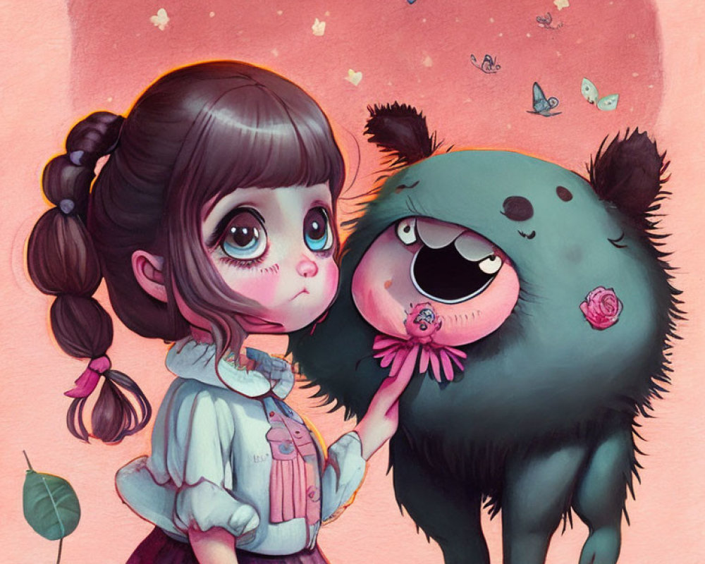 Whimsical girl with pigtails and creature surrounded by butterflies on pink background