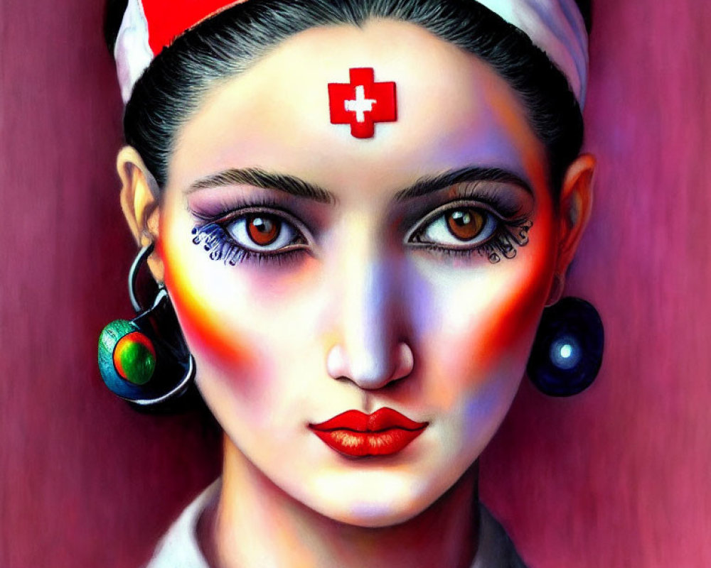 Colorful portrait of a woman with nurse's cap and unique earrings