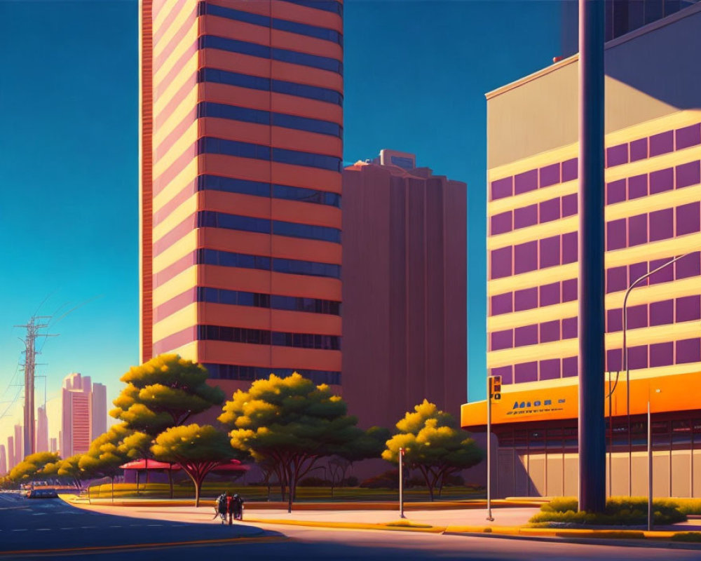 Sunny urban scene with tall buildings and people by bus stop