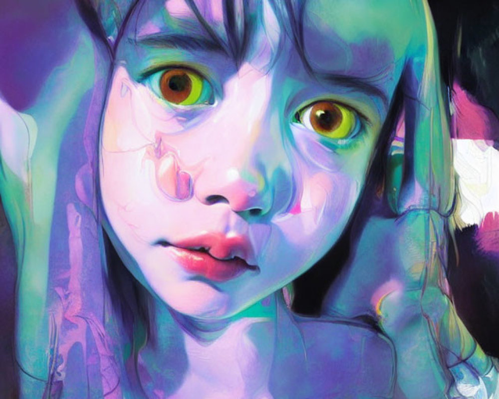 Vibrant digital artwork: Girl with striking green eyes and colorful abstract fusion.