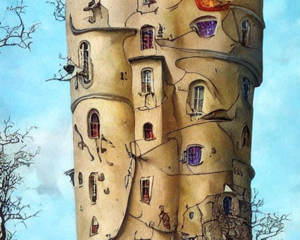 Illustration of tall, narrow tower with whimsical creatures against twilight sky