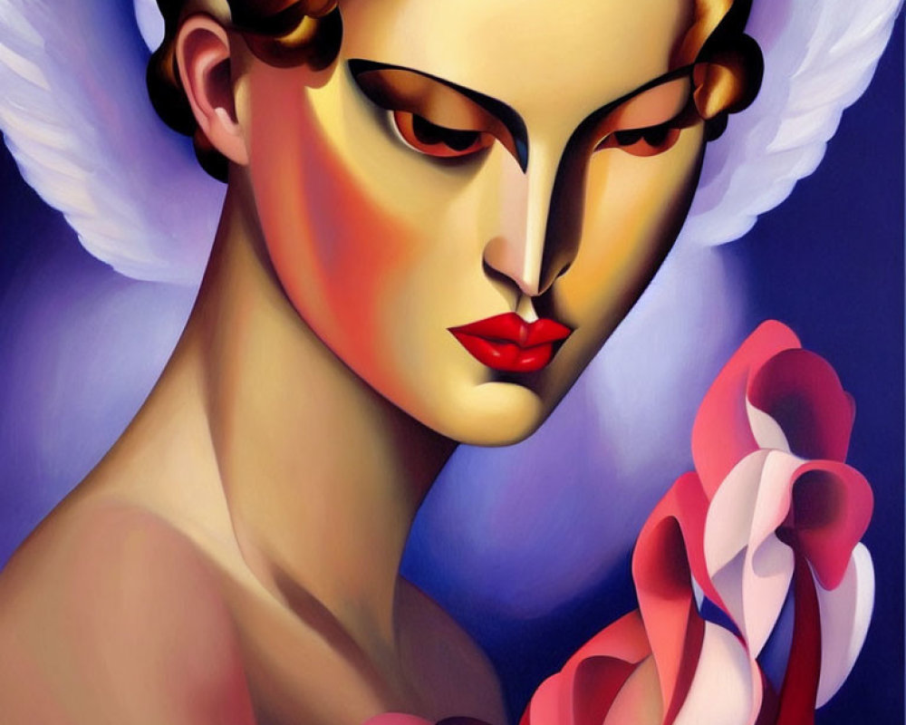 Stylized painting of woman with red lips and golden headband on violet backdrop