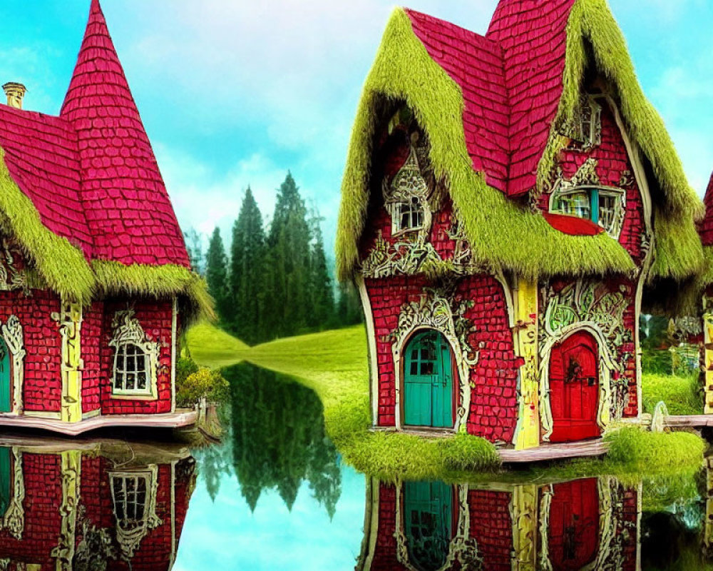 Whimsical red-roofed houses reflected in blue lake, surrounded by greenery and hills