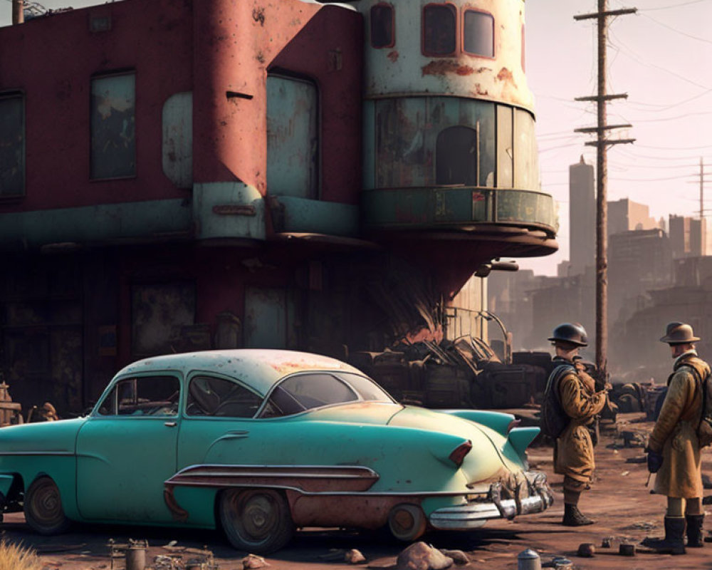 Vintage cars and diner with figures under hazy sky