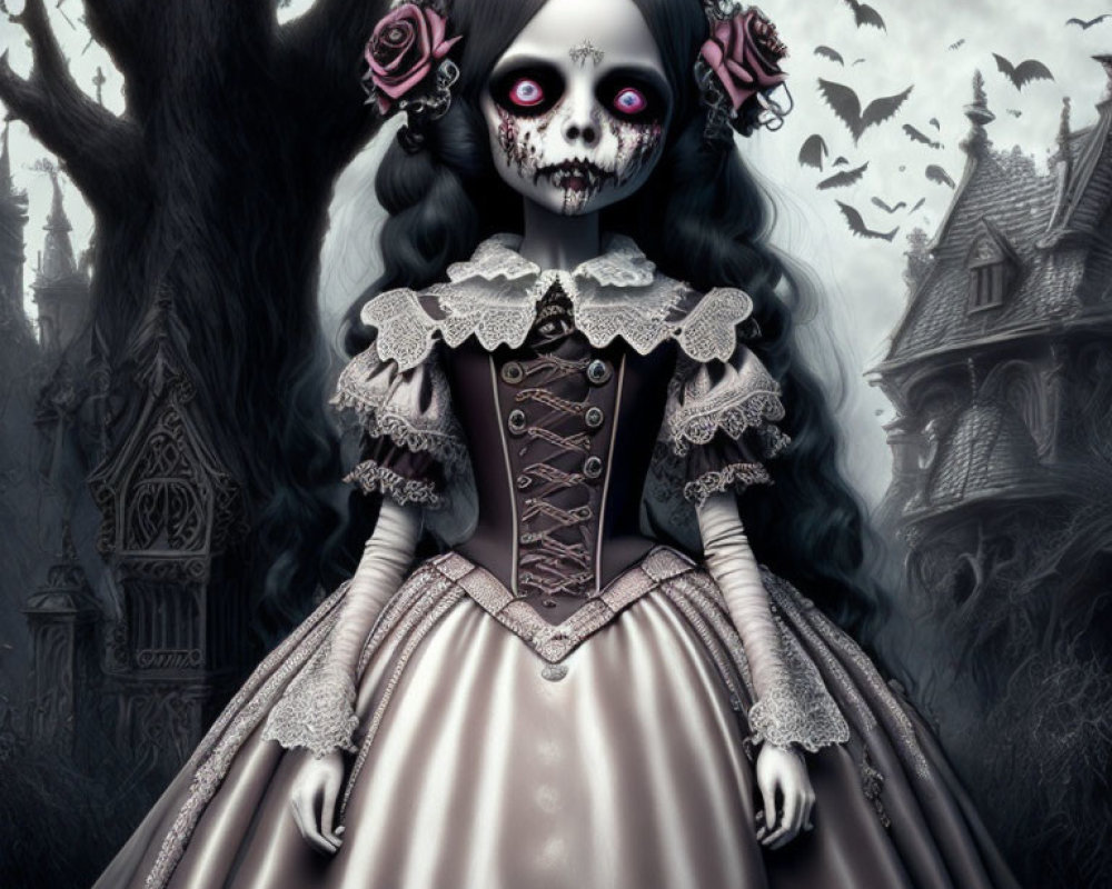 Gothic doll figure in skull makeup and Victorian dress with bats and creepy house.