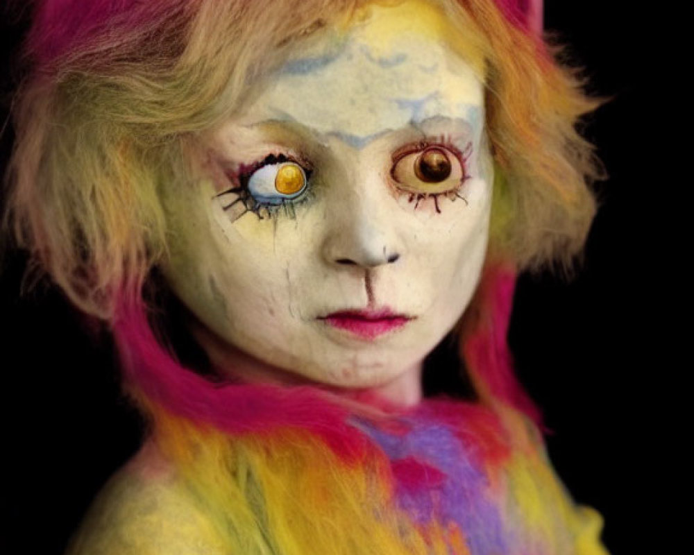 Colorful eerie doll with mismatched eyes and stitched features on black background wearing pink hat and yellow fur