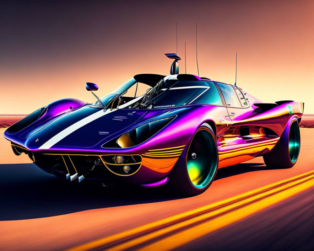 Futuristic Purple and Orange Car on Gradient Sky