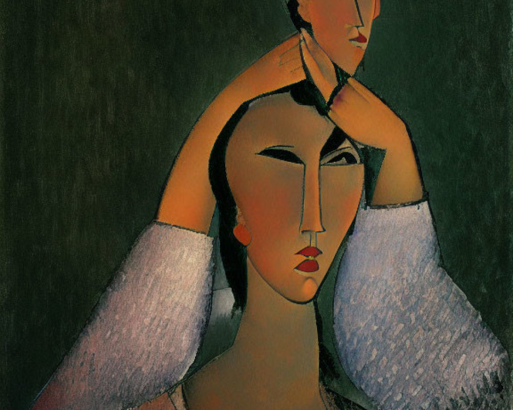 Stylized artwork with two figures in long headdress touching foreheads