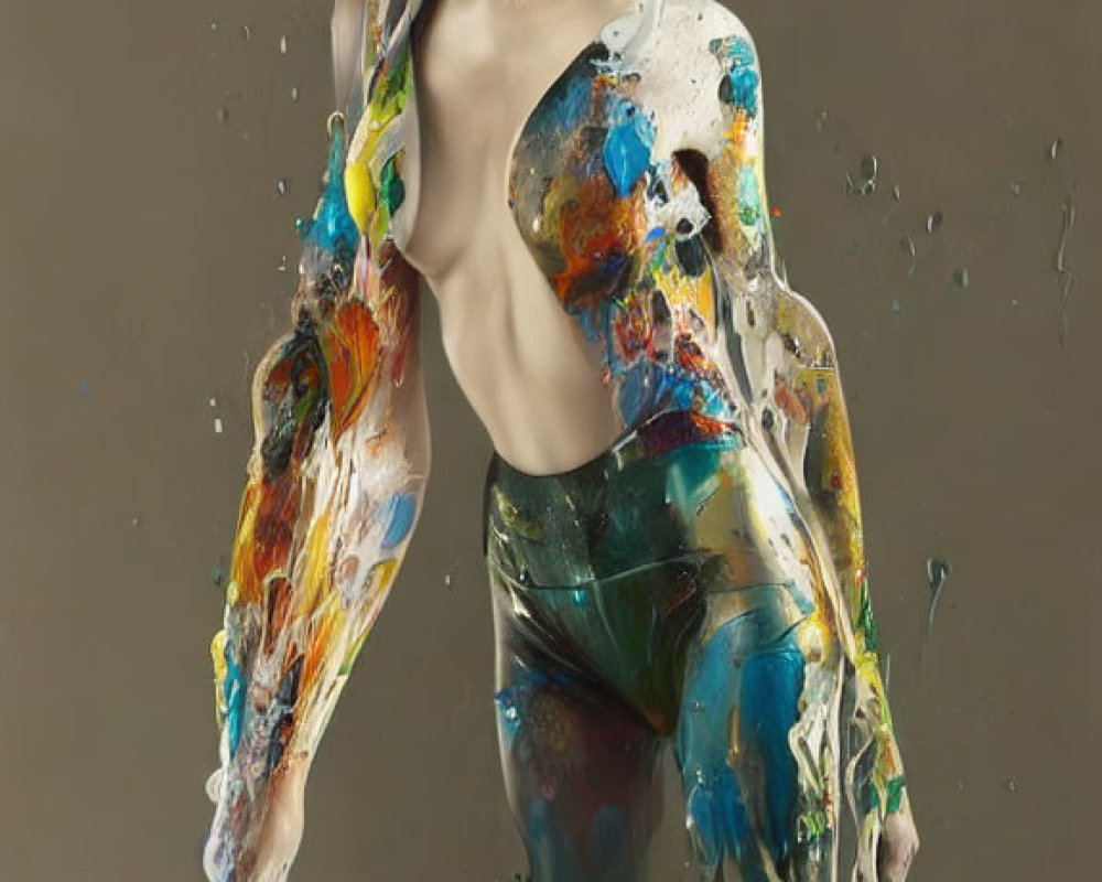 Colorful paint splashes adorn woman against neutral backdrop