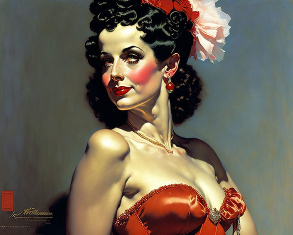 Vintage-Style Portrait of Woman with Dark Hair, Red Flower, Red Dress, Pearl Necklace, and