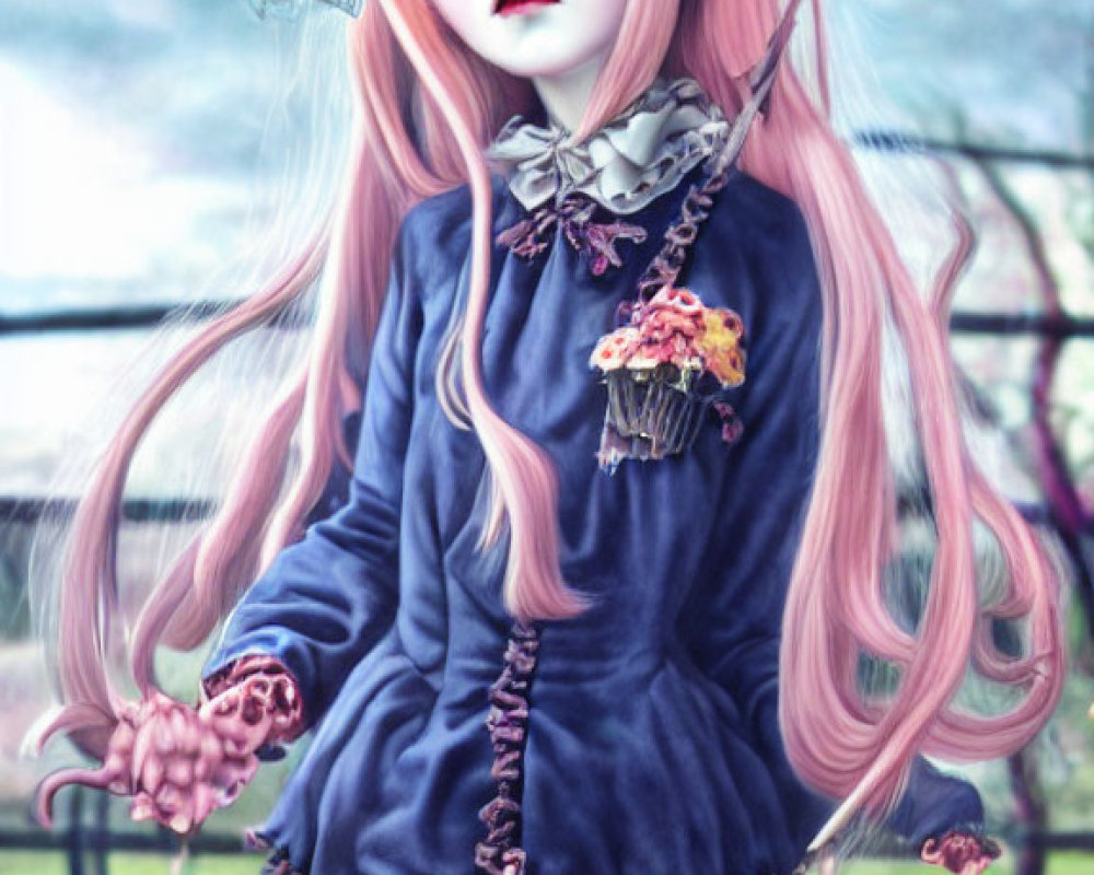 Digital artwork: Doll-like character with pink hair in Gothic attire, set in a fantasy scene with skulls