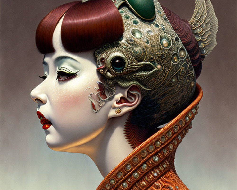 Digital artwork: Woman's portrait with cybernetic elements and ornate details