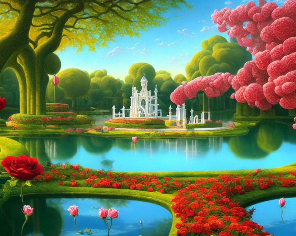 Fantastical white castle in vibrant landscape.