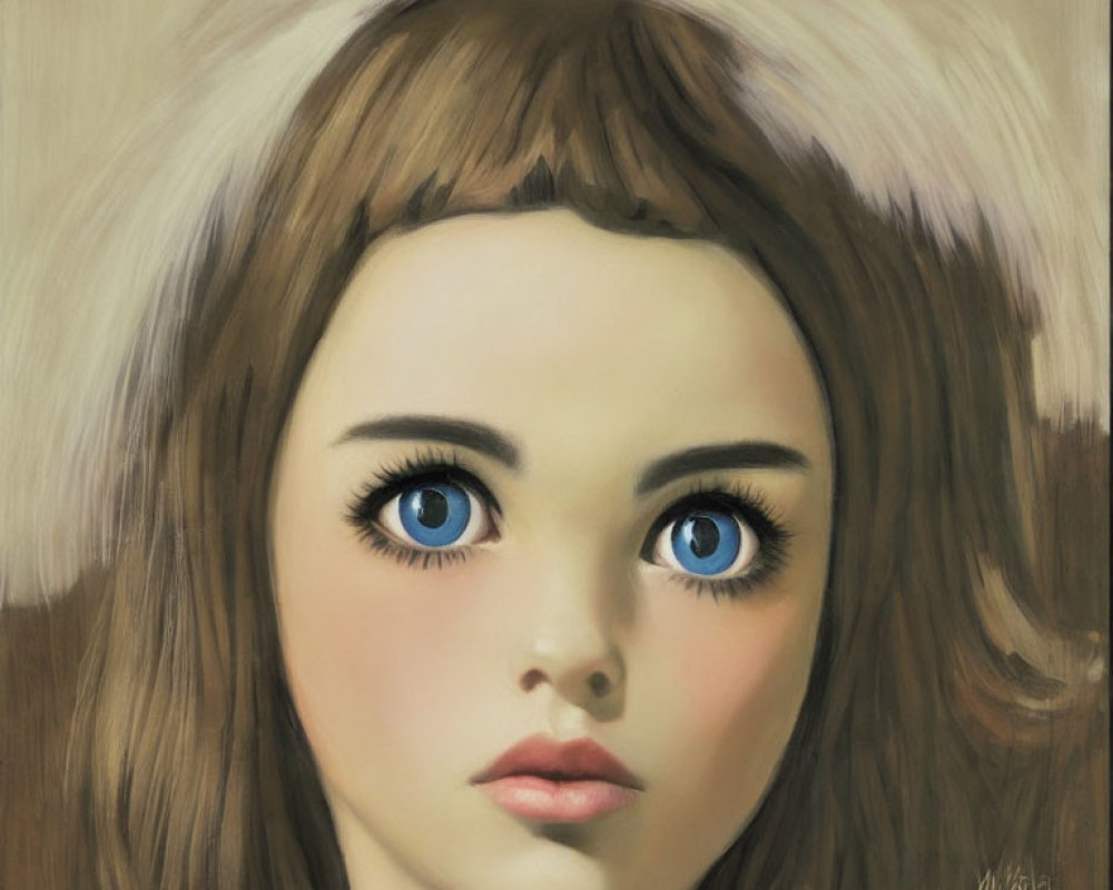 Stylized portrait of a young girl with oversized blue eyes and dark hair