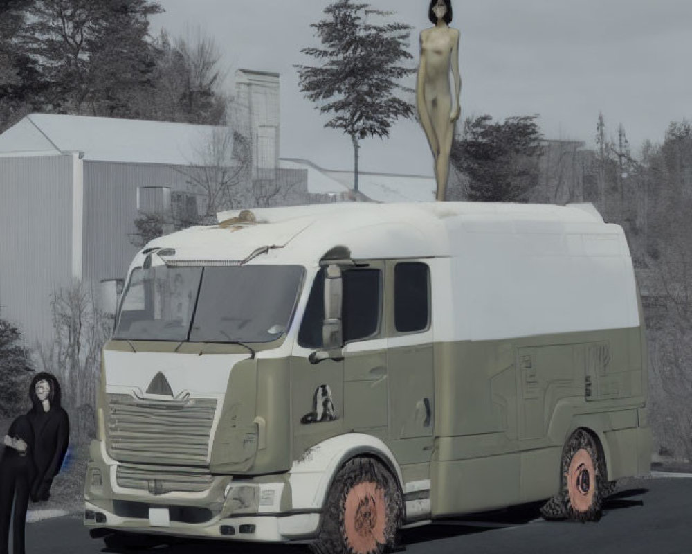 Surreal image of cream-colored truck with nude statue and person in industrial setting