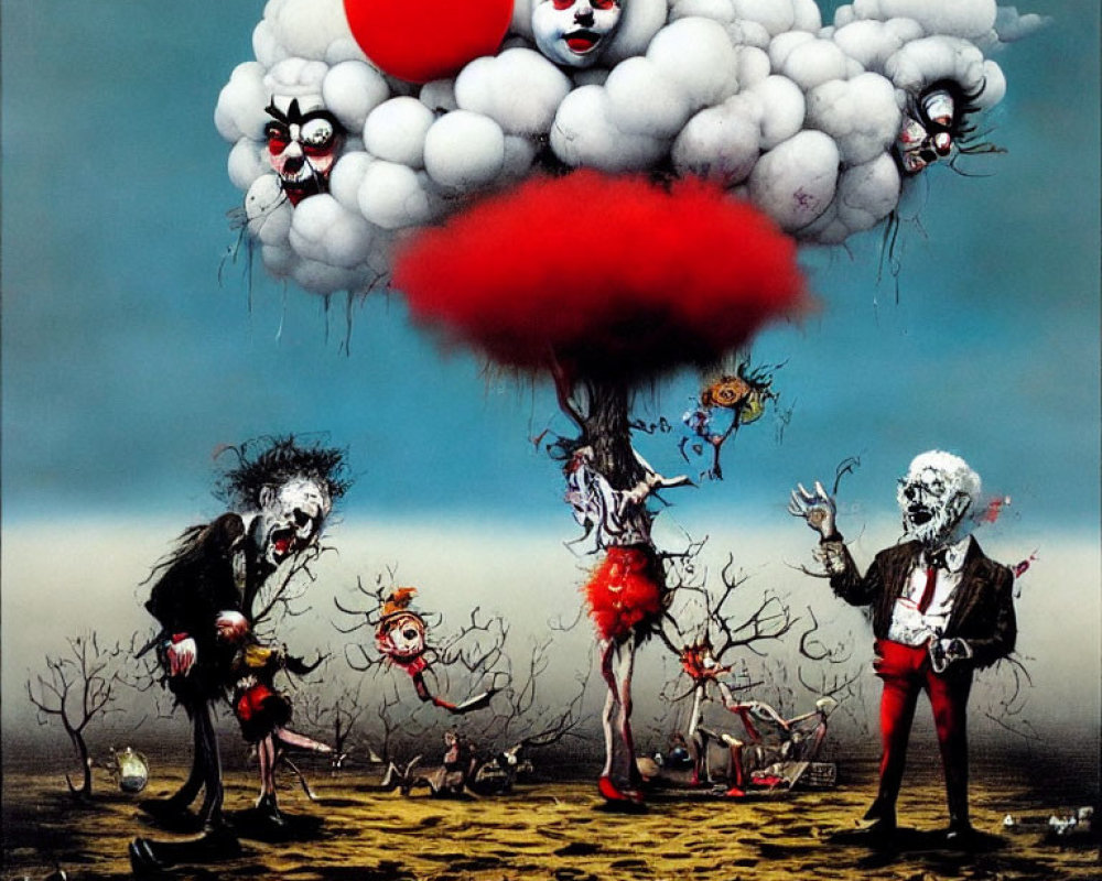 Surreal painting of clown-like figures in desolate landscape