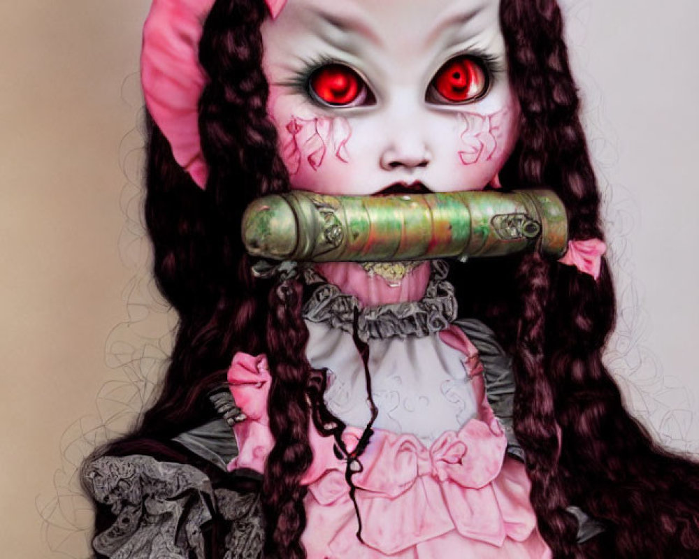 Gothic doll figure with crimson eyes, pink bows, and scroll in mouth