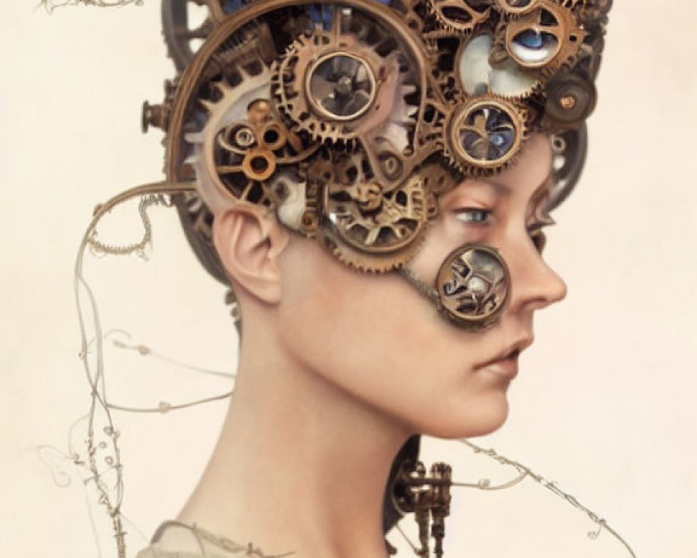 Portrait of a person with intricate mechanical steampunk features