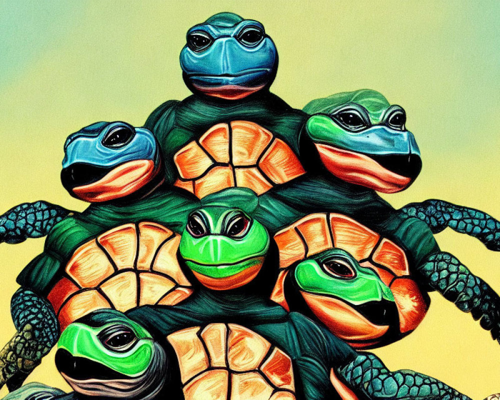 Vibrant anthropomorphic turtles in pyramid formation with colorful masks